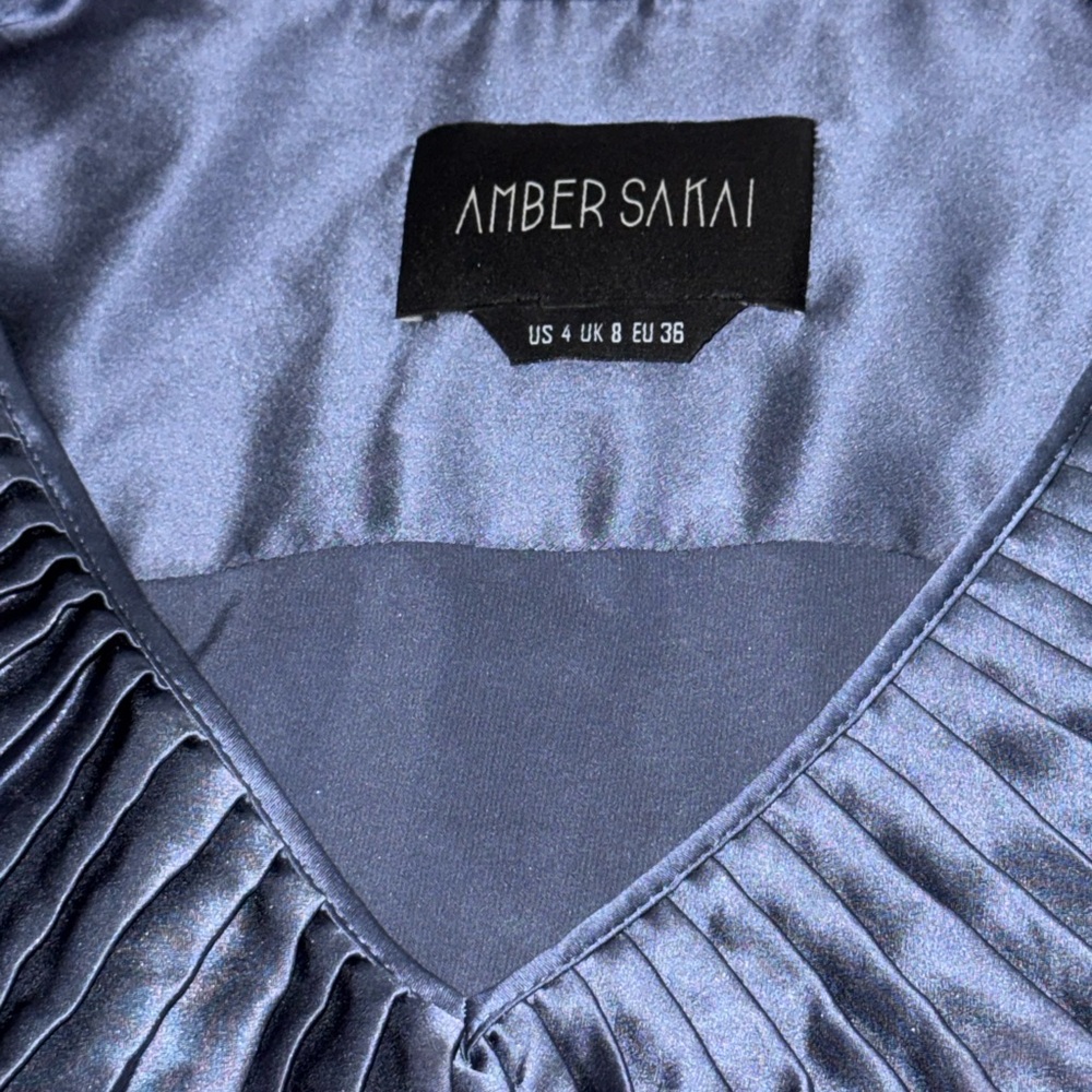 Amber Sakai Blue Satin Dress size 4 U.S. pleated - Picture 3 of 13